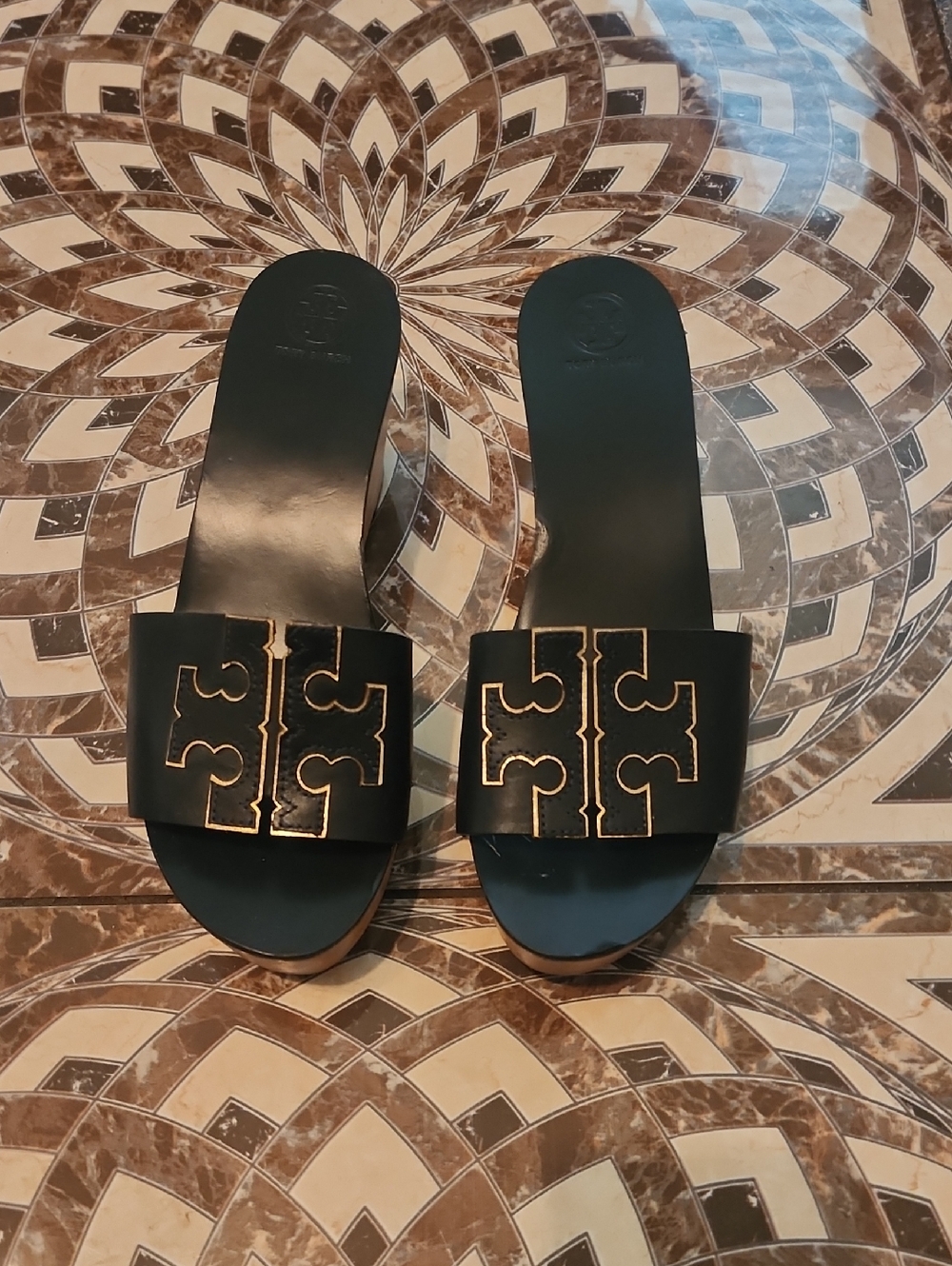 Tory Burch Black Slides with Gold Logo Detail
